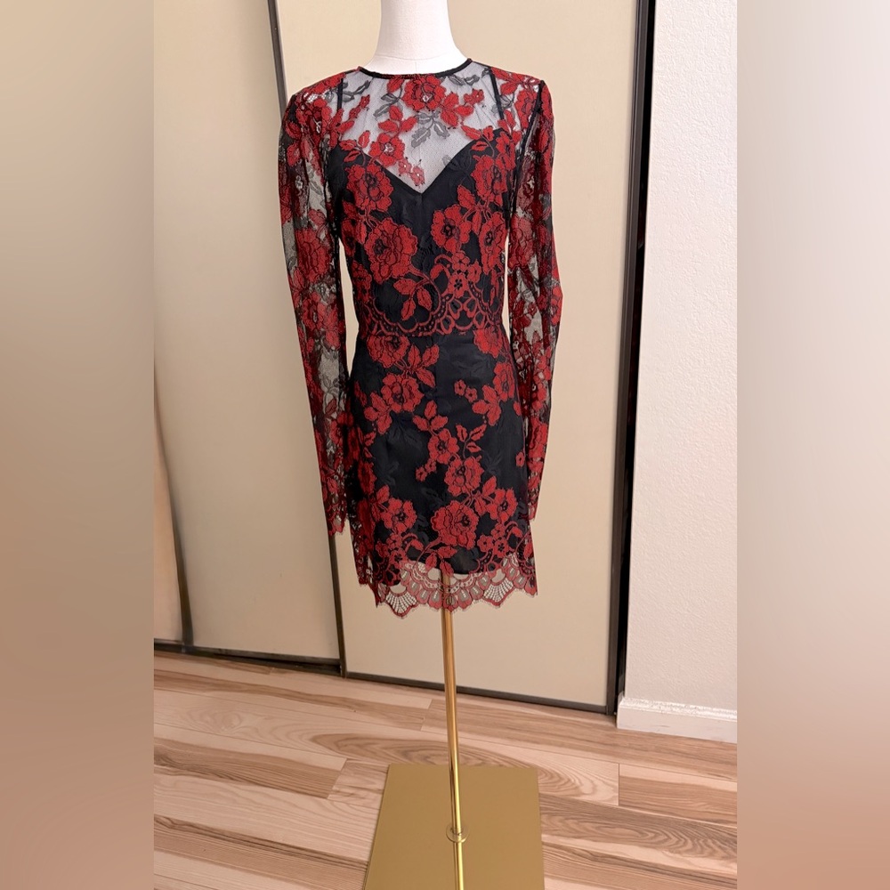 Red and black floral lace dress